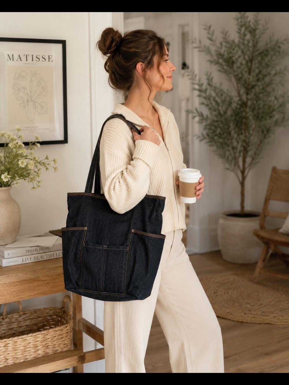 Thirty-One Dark Wash Denim Tote Bag Contrast Stitch Casual Everyday Utility